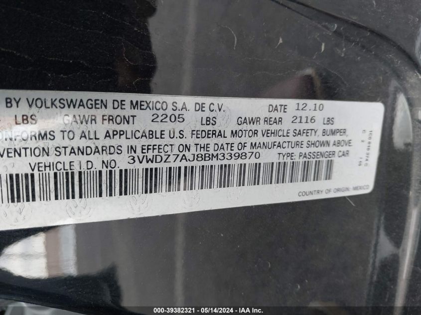 2011 Volkswagen Jetta 2.5L Se VIN: 3VWDZ7AJ8BM339870 Lot: 39382321