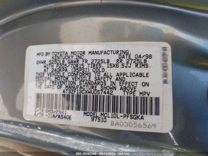 1998 Toyota Sienna Le/Xle VIN: 4T3ZF13CXWU057442 Lot: 39382349
