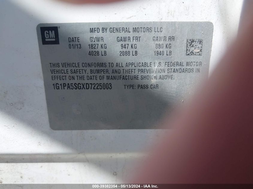 2013 Chevrolet Cruze Ls Auto VIN: 1G1PA5SGXD7225003 Lot: 39382354