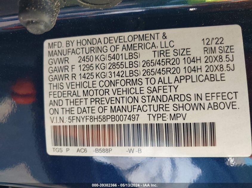 2023 Honda Passport Awd Ex-L VIN: 5FNYF8H58PB007497 Lot: 39382366