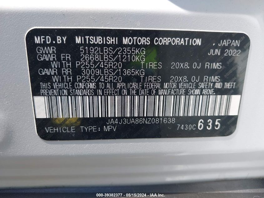 2022 Mitsubishi Outlander Se 2.5 2Wd VIN: JA4J3UA86NZ081638 Lot: 39382377