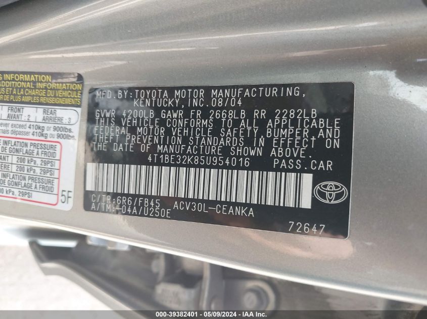 2005 Toyota Camry Le VIN: 4T1BE32K85U954016 Lot: 39382401