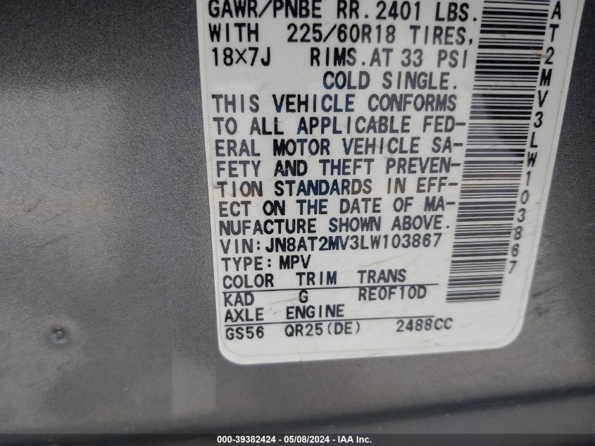 2020 NISSAN ROGUE S/SV - JN8AT2MV3LW103867