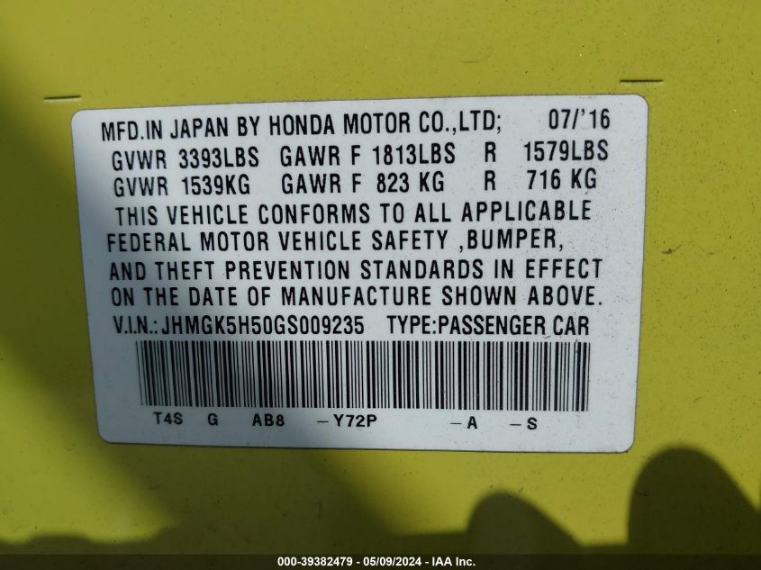 2016 Honda Fit Lx VIN: JHMGK5H50GS009235 Lot: 39382479