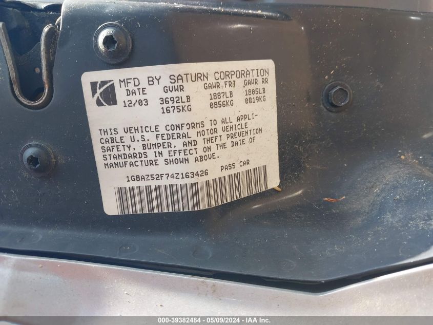 2004 Saturn Ion 2 VIN: 1G8AZ52F74Z163426 Lot: 39382484