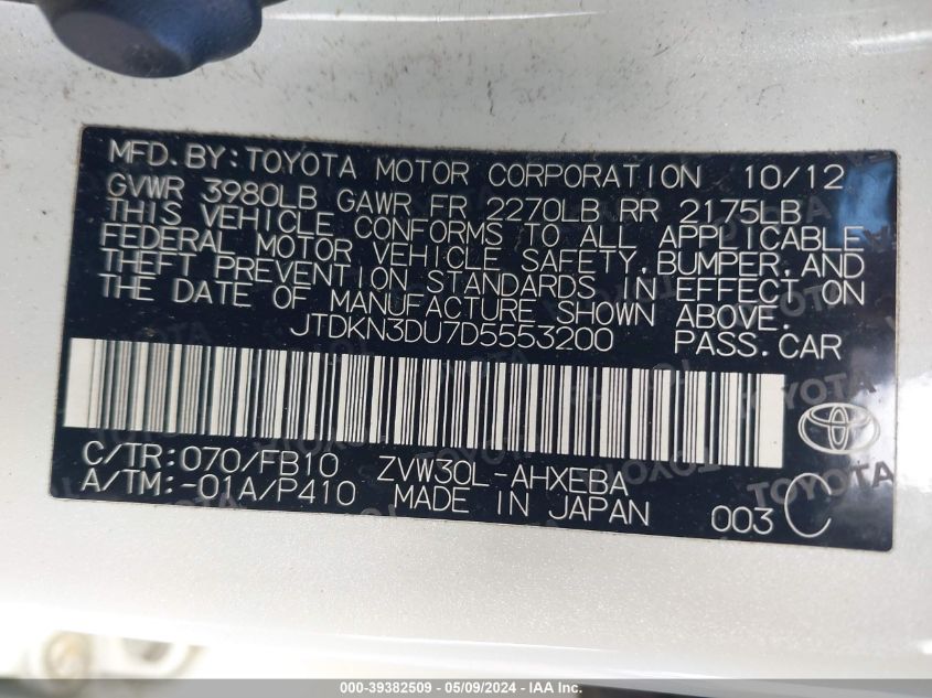 2013 Toyota Prius Two VIN: JTDKN3DU7D5553200 Lot: 39382509