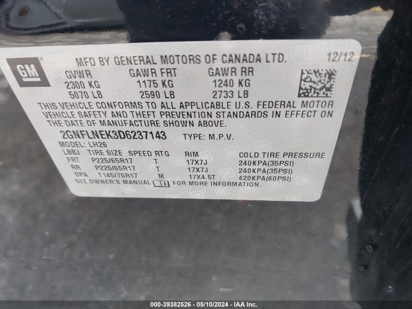 2013 Chevrolet Equinox 2Lt VIN: 2GNFLNEK3D6237143 Lot: 39382526