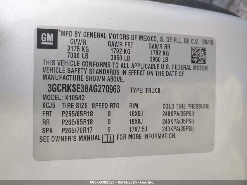 2010 Chevrolet Silverado 1500 Lt VIN: 3GCRKSE38AG270963 Lot: 39382529