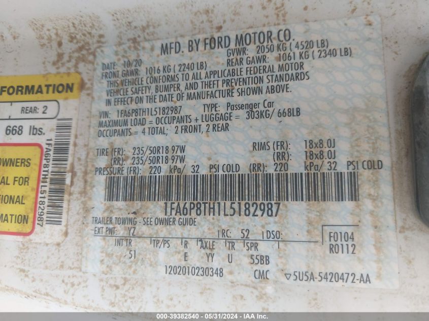2020 Ford Mustang Ecoboost Premium Fastback VIN: 1FA6P8TH1L5182987 Lot: 39382540
