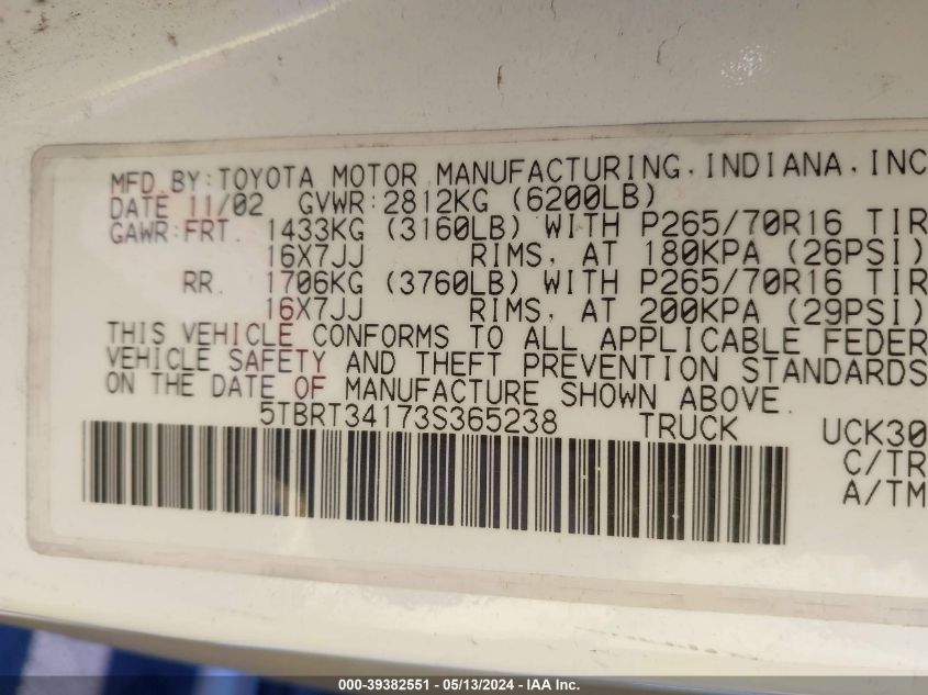 2003 Toyota Tundra Sr5 V8 VIN: 5TBRT34173S365238 Lot: 39382551