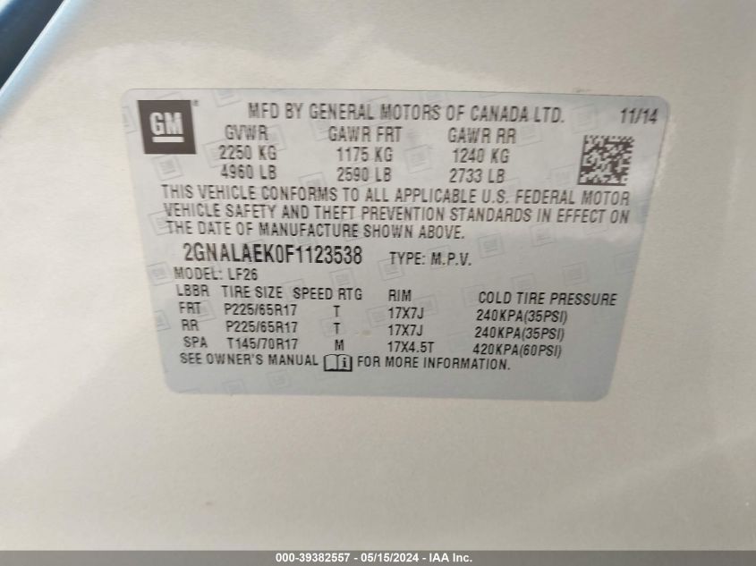 2015 Chevrolet Equinox Ls VIN: 2GNALAEK0F1123538 Lot: 39382557