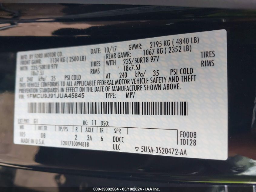 2018 Ford Escape Titanium VIN: 1FMCU9J91JUA45845 Lot: 39382564