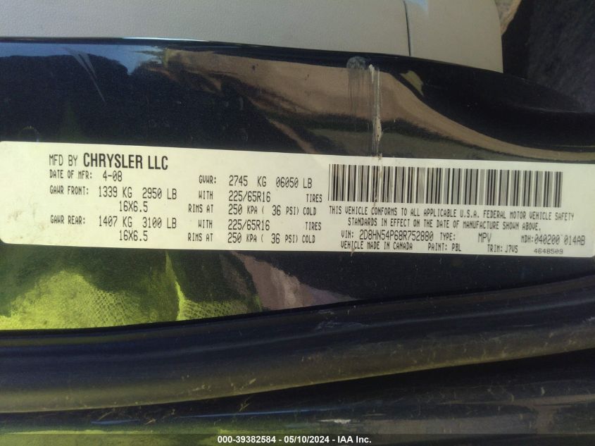 2008 Dodge Grand Caravan Sxt VIN: 2D8HN54P68R752880 Lot: 39382584