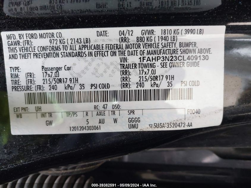 2012 Ford Focus Titanium VIN: 1FAHP3N23CL409130 Lot: 39382591