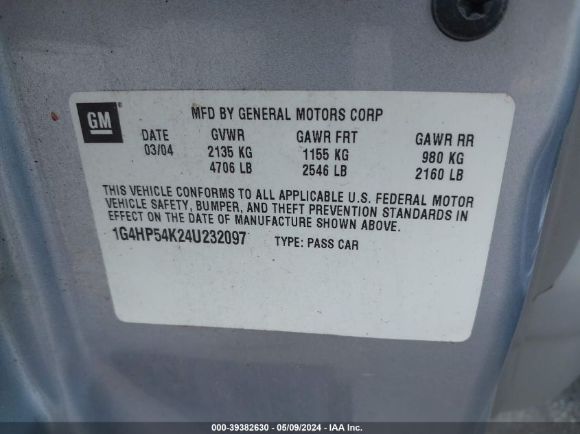 2004 Buick Lesabre Custom VIN: 1G4HP54K24U232097 Lot: 39382630
