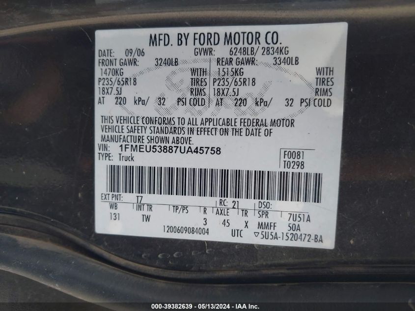 2007 Ford Explorer Sport Trac Limited VIN: 1FMEU53887UA45758 Lot: 39382639