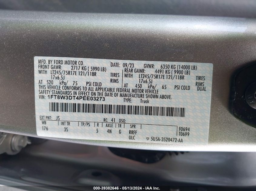 2023 Ford F-350 Xlt VIN: 1FT8W3DT4PEE03273 Lot: 39382646