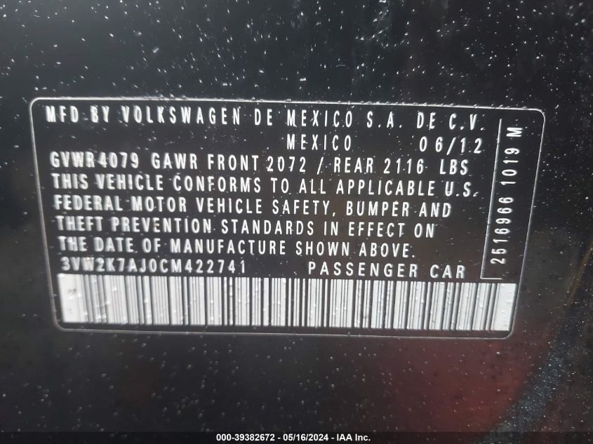 2012 Volkswagen Jetta 2.0L S VIN: 3VW2K7AJ0CM422741 Lot: 39382672