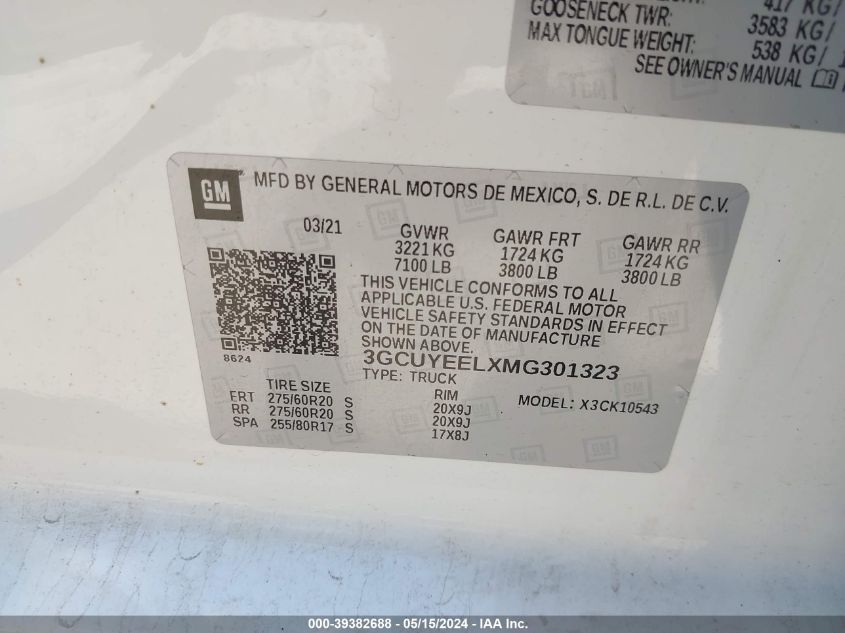 2021 Chevrolet Silverado 1500 4Wd Short Bed Rst VIN: 3GCUYEELXMG301323 Lot: 39382688