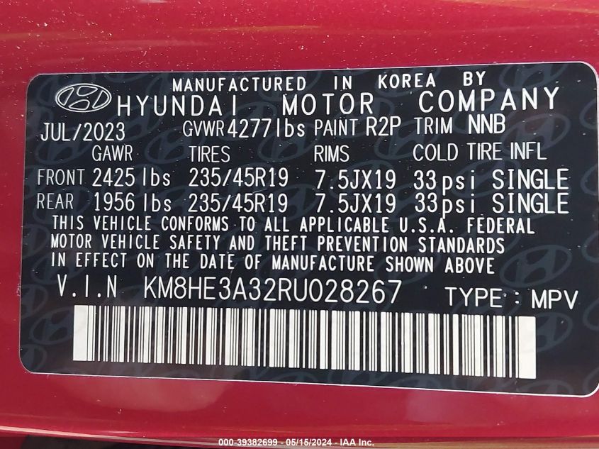 2024 Hyundai Kona Limited VIN: KM8HE3A32RU028267 Lot: 39382699