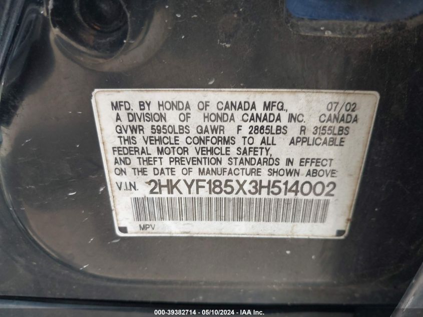 2003 Honda Pilot Ex-L VIN: 2HKYF185X3H514002 Lot: 39382714