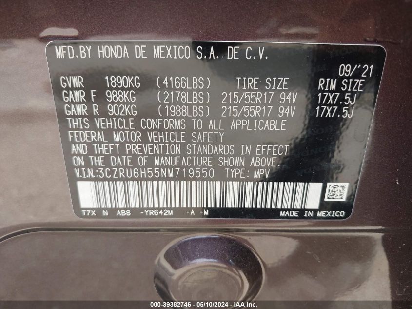 2022 Honda Hr-V Awd Ex VIN: 3CZRU6H55NM719550 Lot: 39382746