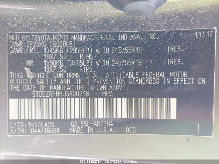 2018 Toyota Highlander Limited VIN: 5TDDZRFH5JS800218 Lot: 39382764