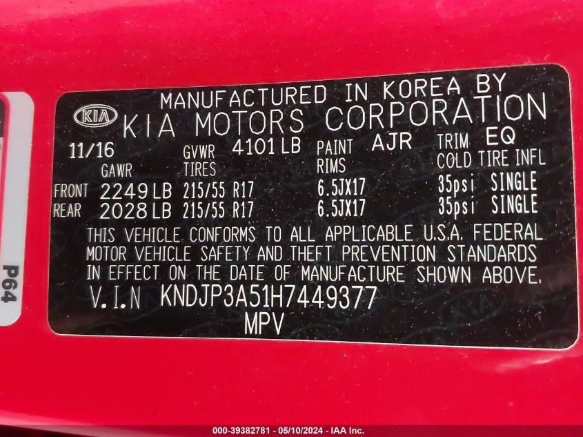2017 Kia Soul + VIN: KNDJP3A51H7449377 Lot: 39382781