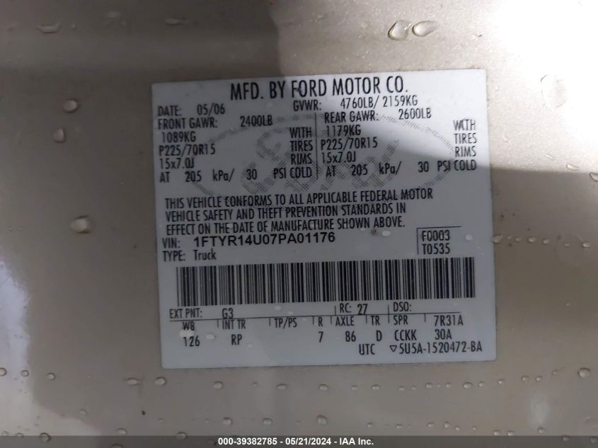 2007 Ford Ranger Sport/Stx/Xl/Xlt VIN: 1FTYR14U07PA01176 Lot: 39382785