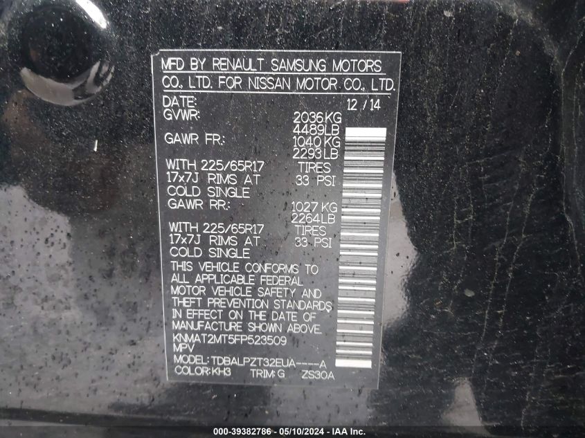 2015 Nissan Rogue S VIN: KNMAT2MT5FP523509 Lot: 39382786