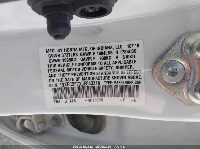 2018 Honda Civic Ex VIN: 19XFC2F7XJE043318 Lot: 39382832