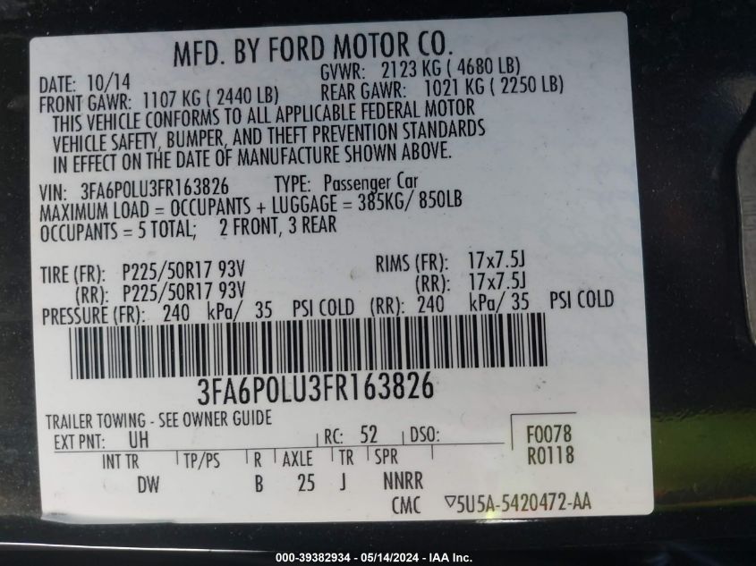 2015 Ford Fusion Hybrid Se VIN: 3FA6P0LU3FR163826 Lot: 39382934