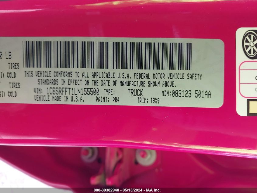 2020 Ram 1500 Big Horn 4X4 5'7 Box VIN: 1C6SRFFT1LN155500 Lot: 39382940