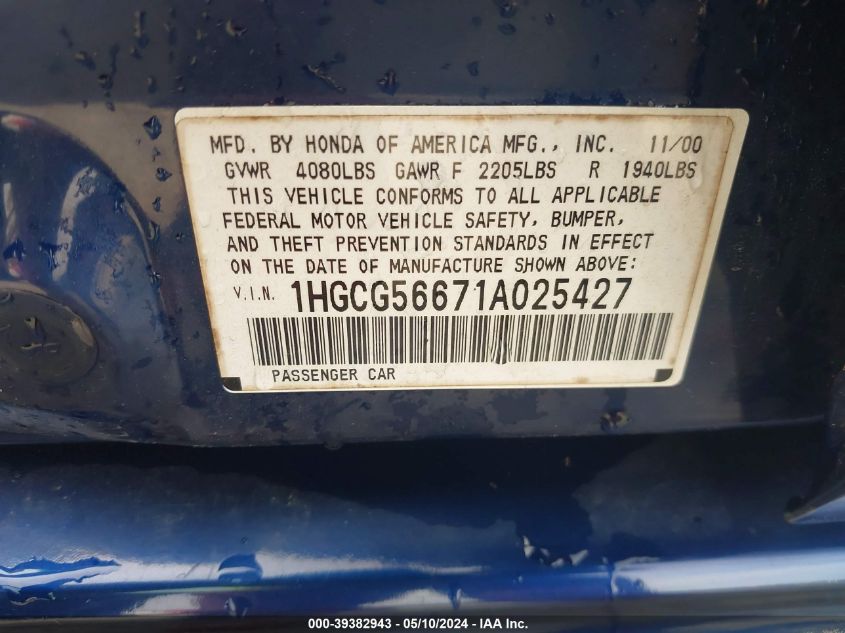 2001 Honda Accord 2.3 Ex VIN: 1HGCG56671A025427 Lot: 39382943