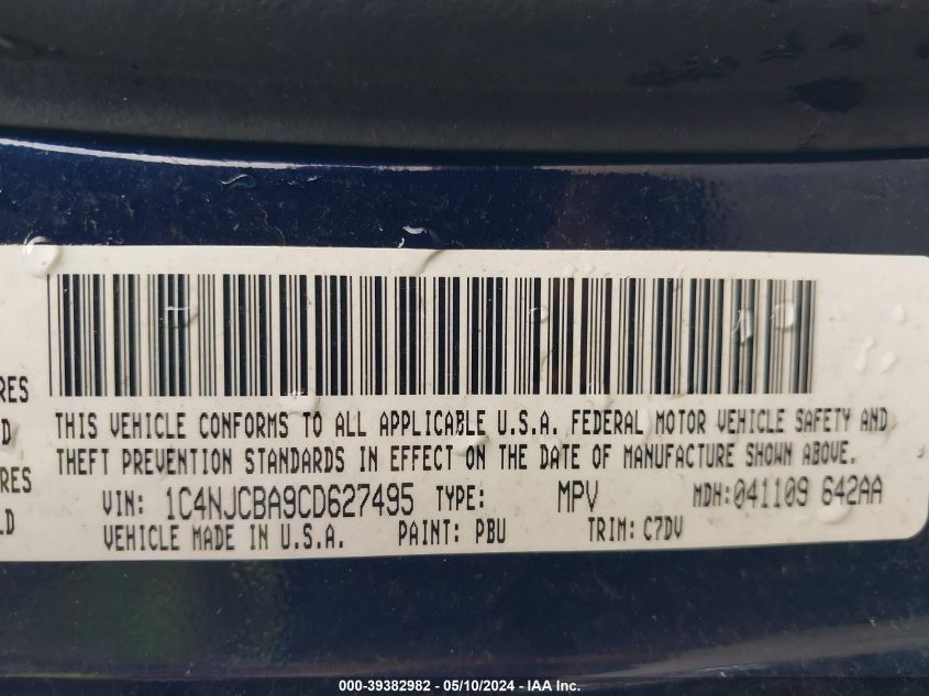 2012 Jeep Compass Sport VIN: 1C4NJCBA9CD627495 Lot: 39382982