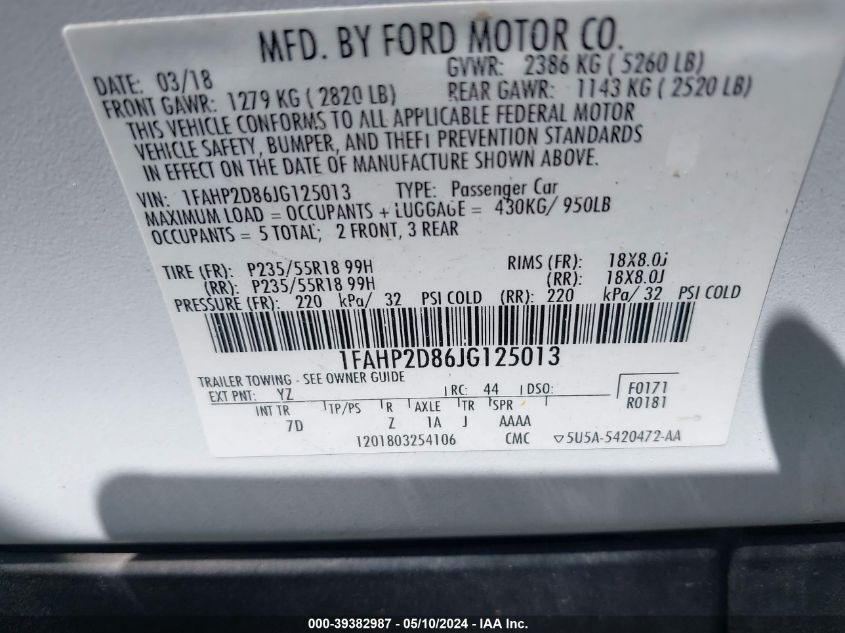 1FAHP2D86JG125013 2018 Ford Taurus Se