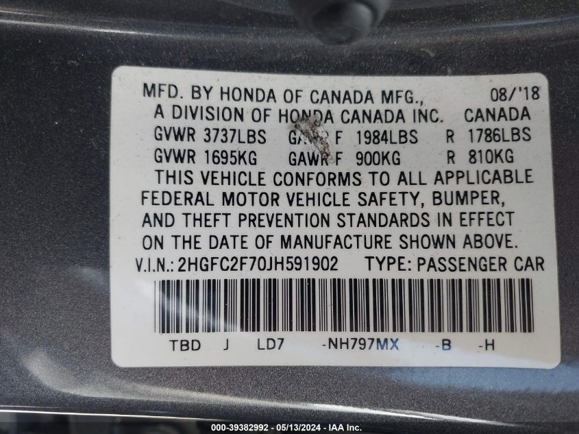 2018 Honda Civic Ex VIN: 2HGFC2F70JH591902 Lot: 39382992