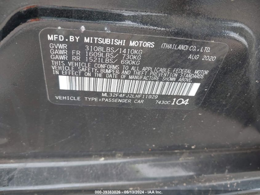 2020 Mitsubishi Mirage G4 Le/Se VIN: ML32F4FJ2LHF11929 Lot: 39383026