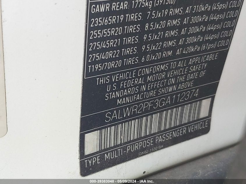 2016 Land Rover Range Rover Sport 3.0L V6 Supercharged Hse VIN: SALWR2PF3GA112374 Lot: 39383048