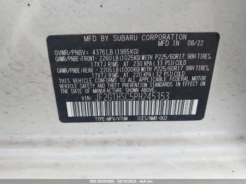 VIN JF2GTHSC5PH245353 2023 SUBARU CROSSTREK SPORT