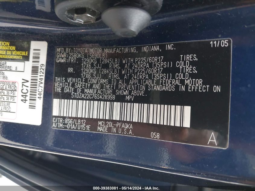 2006 Toyota Sienna Xle Limited VIN: 5TDZA22C76S428998 Lot: 39383081