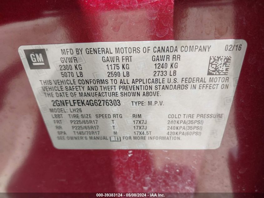 2GNFLFEK4G6276303 2016 Chevrolet Equinox Lt