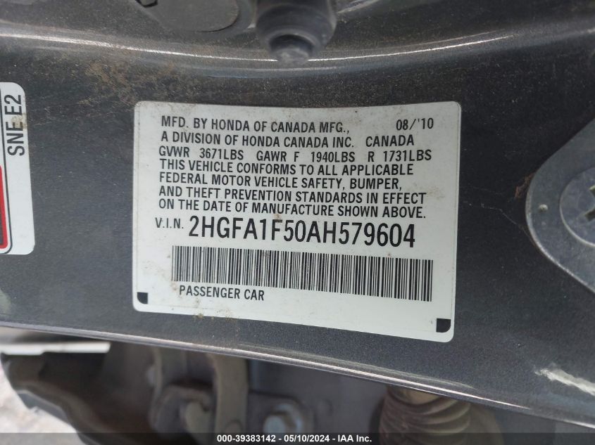 2010 Honda Civic Lx VIN: 2HGFA1F50AH579604 Lot: 39383142