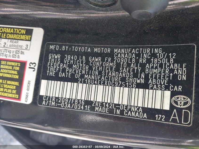 2013 TOYOTA COROLLA LE - 2T1BU4EEXDC975156