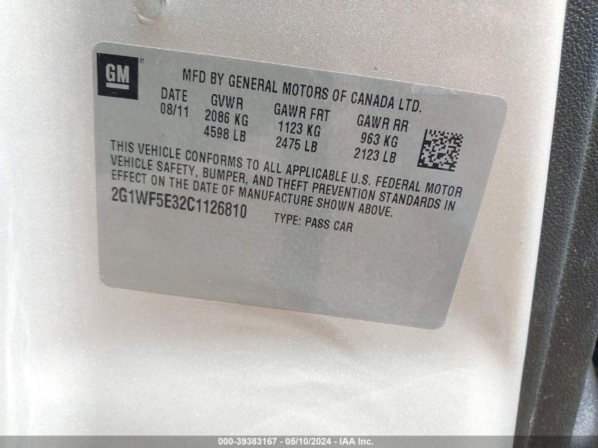 2012 Chevrolet Impala Ls VIN: 2G1WF5E32C1126810 Lot: 39383167