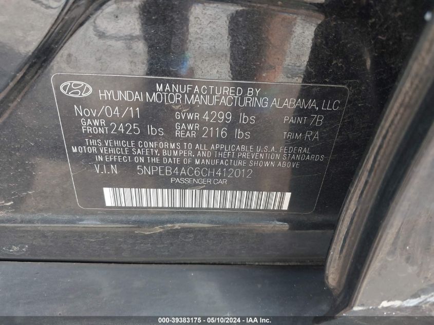 2012 Hyundai Sonata Gls VIN: 5NPEB4AC6CH412012 Lot: 39383175