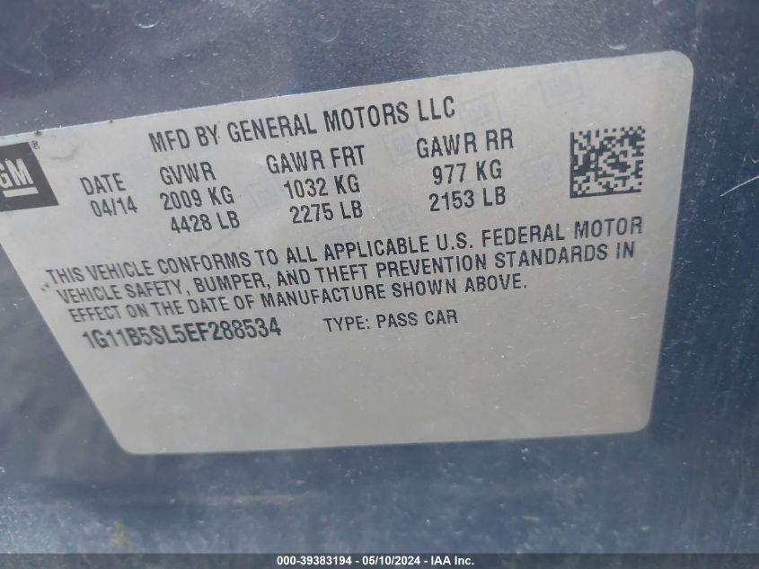 2014 Chevrolet Malibu 1Ls VIN: 1G11B5SL5EF288534 Lot: 39383194
