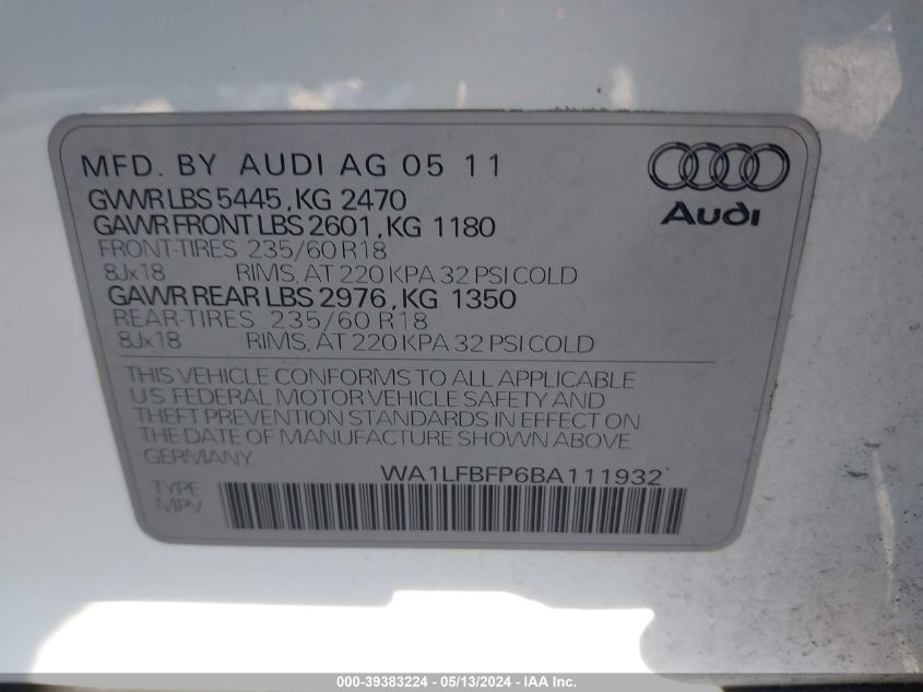2011 Audi Q5 Premium Plus VIN: WA1LFBFP6BA111932 Lot: 39383224
