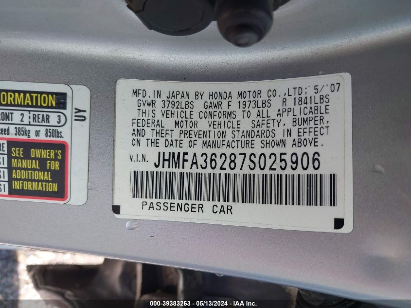2007 Honda Civic Hybrid VIN: JHMFA36287S025906 Lot: 39383263