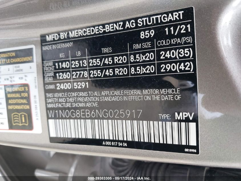 2022 Mercedes-Benz Glc 300 4Matic Suv VIN: W1N0G8EB6NG025917 Lot: 39383305